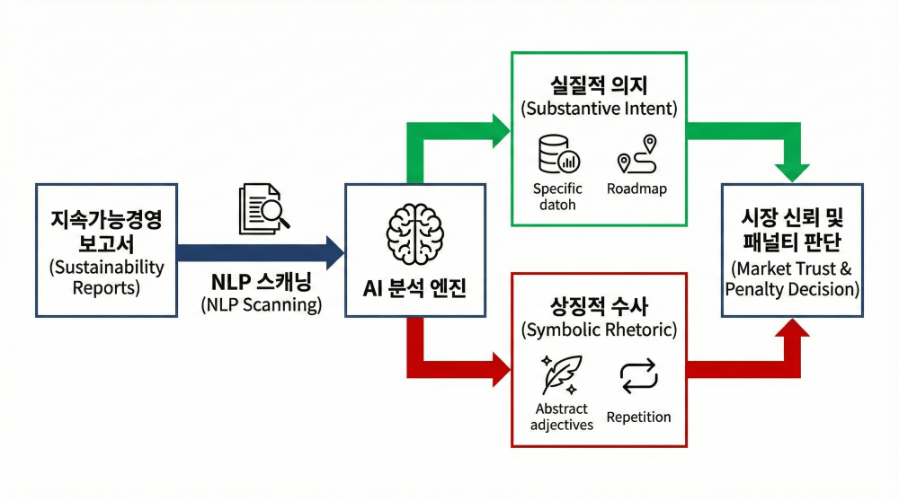 지속가능경영 보고서의 텍스트가 NLP 스캐닝을 거쳐 AI 분석 엔진으로 입력되면, 구체적 데이터 기반의 '실질적 의지'와 모호한 형용사 위주의 '상징적 수사'로 분류되어 최종적인 시장 신뢰도 및 패널티 판단의 근거가 되는 과정을 보여주는 분석 메커니즘 도식입니다.